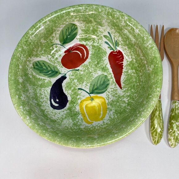 Large Ceramic Salad Pasta Vegetable Bowl Made in Italy Spoon & Fork Set Green - Picture 3 of 11